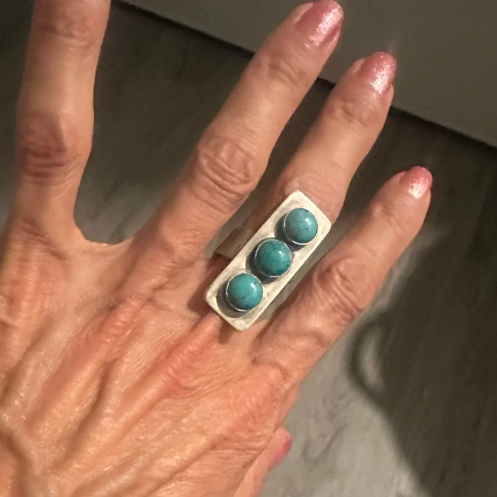 Sterling Silver (not stamped 925) Triple Stone Ring with Turquoise Blue Accents - Picture 1 of 2